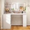 L-Makeup Vanity Desk with LED Light Mirror & Power Outlet, Corner Makeup Dressing Table with 5 Drawers