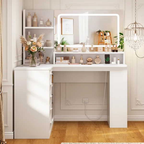 L-Makeup Vanity Desk with LED Light Mirror & Power Outlet, Corner Makeup Dressing Table with 5 Drawers