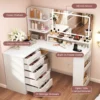L-Makeup Vanity Desk with LED Light Mirror & Power Outlet, Corner Makeup Dressing Table with 5 Drawers