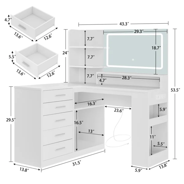 L-Makeup Vanity Desk with LED Light Mirror & Power Outlet, Corner Makeup Dressing Table with 5 Drawers