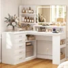 L-Makeup Vanity Desk with LED Light Mirror & Power Outlet, Corner Makeup Dressing Table with 5 Drawers