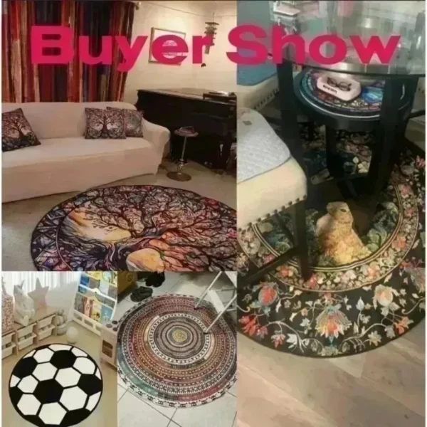Round pink polka dot carpet with cartoon cats for living room and bedroom, with cute cat patterns.
