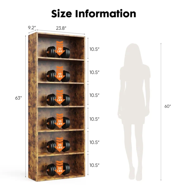 6 Tier Wooden Shelf Bookcase 63 Inch Tall Floor Standing Open Bookshelf