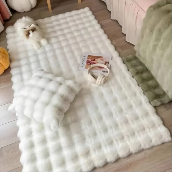 Rabbit fur rug is soft, thick, non-slip, waterproof, machine washable, perfect for living room and bedroom.