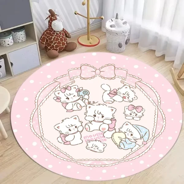 Round pink polka dot carpet with cartoon cats for living room and bedroom, with cute cat patterns.