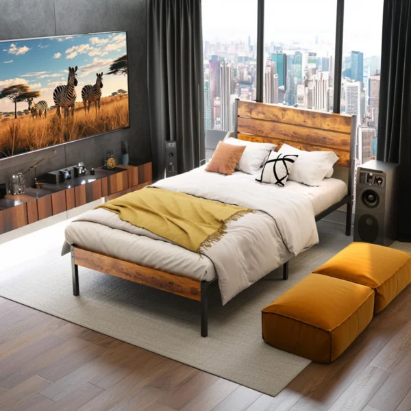 Sb1f32cc8df0b470db9520c5cafc67206C.webp Queen Size Metal Platform Bed Frame with Headboard and Footboard with 800LBS