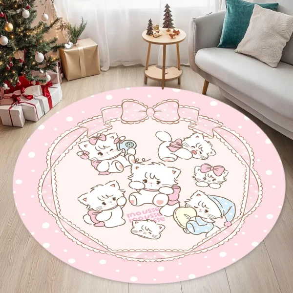 Round pink polka dot carpet with cartoon cats for living room and bedroom, with cute cat patterns.