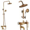 Antique Brass Shower Faucets Set 8'' Rainfall Shower Head Brass Handshower Dual Handle Mixer Tap Rotation Bath Shower Faucet