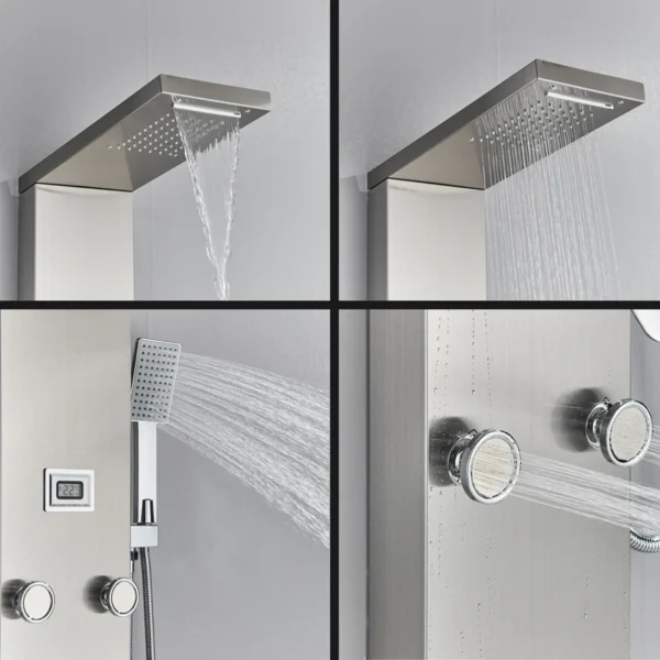 H8371defaad094e3e81fad509f982534cG.webp LED Shower Panel Waterfall Rain Digital Display Shower Faucet System Set Bathroom Column Mixer With SPA Massage Jet