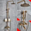 Antique Brass Shower Faucets Set 8'' Rainfall Shower Head Brass Handshower Dual Handle Mixer Tap Rotation Bath Shower Faucet
