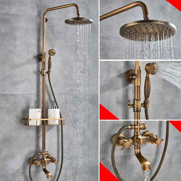 Antique Brass Shower Faucets Set 8'' Rainfall Shower Head Brass Handshower Dual Handle Mixer Tap Rotation Bath Shower Faucet