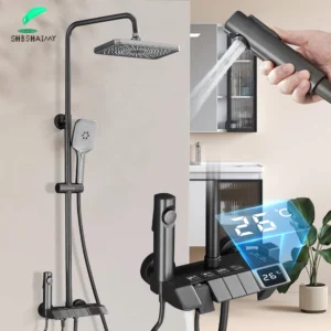 Gun Grey Piano Digital 4 Function Shower Set Bathroom Faucets Hot Cold Waterfall Digtial Display Tap Rainfall Shower System