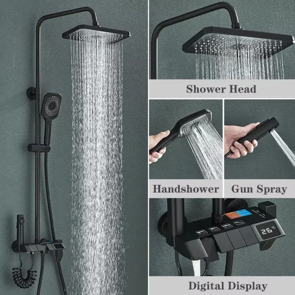 Gun Grey Piano Digital 4 Function Shower Set Bathroom Faucets Hot Cold Waterfall Digtial Display Tap Rainfall Shower System