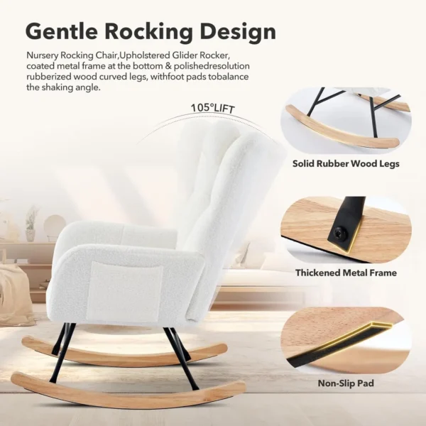 Modern Upholstered Nursery Rocking Chairs, with Side Pocket High Back Teddy Boucle Rocker Chair