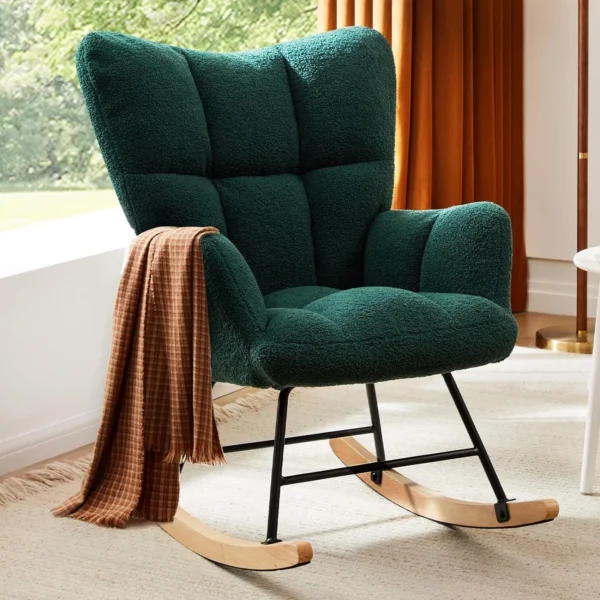 Modern Upholstered Nursery Rocking Chairs, with Side Pocket High Back Teddy Boucle Rocker Chair