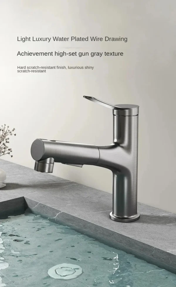 Bathroom Sink Pull-out Hot and Cold Water Mixer Faucet for Bathroom Grey/Chrome 3 Functions Mouthwash Faucet Deck Mount