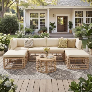 7 Pieces Outdoor Patio Furniture, All-Weather Rattan Sectional Sofa Set with Thick Cushions and Pillows, Freely Combined Conversation Sets for Garden, Backyard