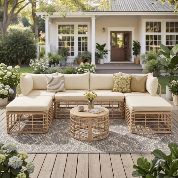 7 Pieces Outdoor Patio Furniture, All-Weather Rattan Sectional Sofa Set with Thick Cushions and Pillows, Freely Combined Conversation Sets for Garden, Backyard