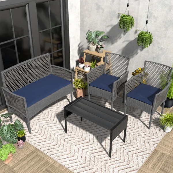 Outdoor Patio Furniture Set 4-Piece, Wicker Hollow-Out Conversation Sofa with Cushions, Coffee Table