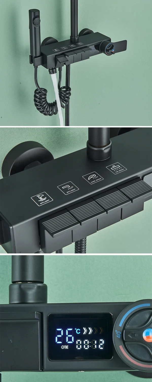 Gun Grey Piano Digital 4 Function Shower Set Bathroom Faucets Hot Cold Waterfall Digtial Display Tap Rainfall Shower System