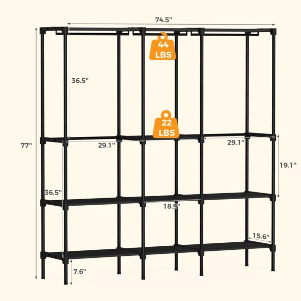 Portable Three Rows Wardrobe Closet with Hanging Rods Clothing Rack with Shelves Mudroom Storage Organizer