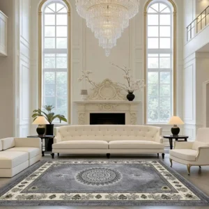 Vintage Grey Medallion Area Rug, European Luxury Floral Carpet for Living Room Bedroom