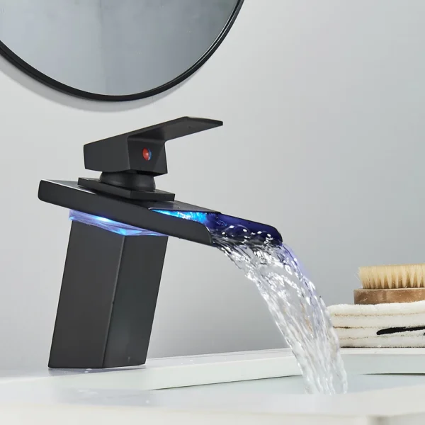 Luxury LED Color Changing Waterfall Basin Sink Faucet Single Handle Deck Mounted Hot and Cold Mixer Taps