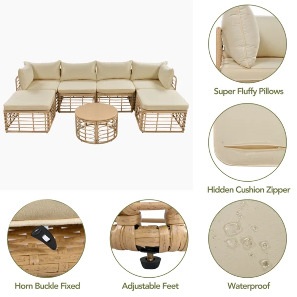 7 Pieces Outdoor Patio Furniture, All-Weather Rattan Sectional Sofa Set with Thick Cushions and Pillows, Freely Combined Conversation Sets for Garden, Backyard