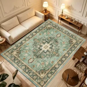 S1cf63c5d48b949ad9e4ba42476a88500t.webp Muted Teal Medallion Rug, Soft & Comfortable, All Seasons, Easy to Maintain, Machine Washable