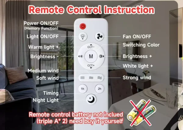 LED 30W Ceiling Fan Light E27 with Remote Control for Dimming Suitable for Living Room Study