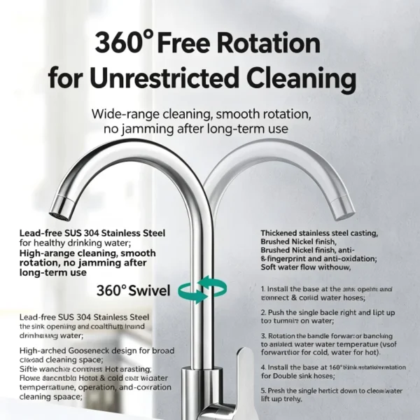 Punch-Free Black Nickel Bathroom Sink Faucet 360° Rotatable Stainless Steel Single Handle Hot Cold Water Mixer Tap Modern Wall