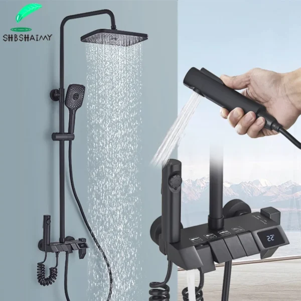 Gun Grey Piano Digital 4 Function Shower Set Bathroom Faucets Hot Cold Waterfall Digtial Display Tap Rainfall Shower System