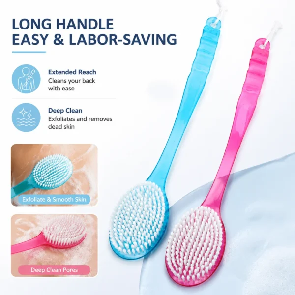 2 In 1 Back Bath Brush Long Handle Shower Exfoliating Scrubber Soft Bristle Body Cleansing Massage Brush