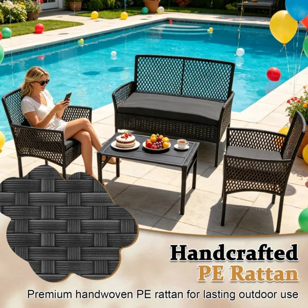 Outdoor Patio Furniture Set 4-Piece, Wicker Hollow-Out Conversation Sofa with Cushions, Coffee Table