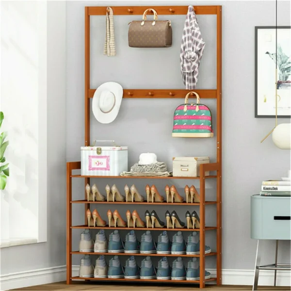 S29ad6b111a8648429959550e4c81aa44c.webp 185cm Large Wooden 5 Tiers Hall Tree Hat Coat Stand with 8 Hooks Clothes Shoe Rack Hanger Hooks Shelf Storage 