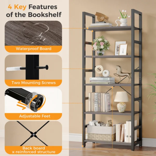 Wooden Storage Standing 5 Tiers Display Bookshelf Sturdy Structure Graduated Shelves Adjustable Feet for Living Room