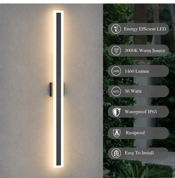 S2b88d44769d44d0695b92889d93e0938G.webp Outdoor Porch Light Waterproof Rust Resistant Stainless Steel Sconces Black Long-strip Style Lighting Fixture