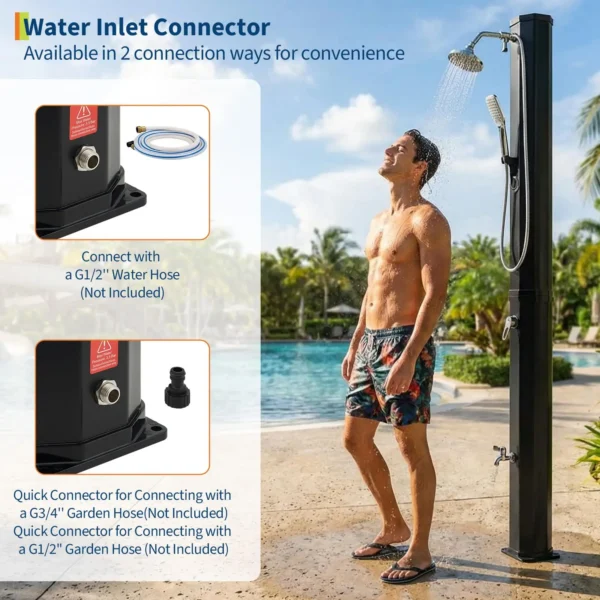 7.2FT Freestanding Solar Heated Pool Shower 9.3 Gallon Outdoor Shower Kit With Handheld Foot Faucet Hot Cold Water & Cover