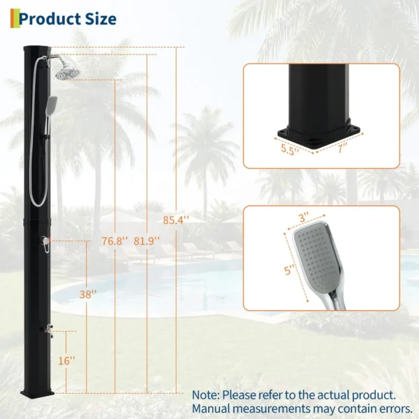 7.2FT Freestanding Solar Heated Pool Shower 9.3 Gallon Outdoor Shower Kit With Handheld Foot Faucet Hot Cold Water & Cover