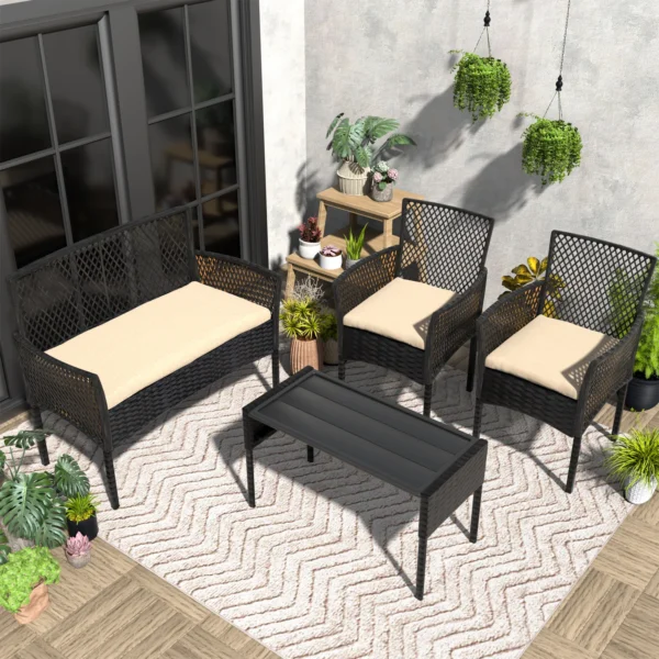 Outdoor Patio Furniture Set 4-Piece, Wicker Hollow-Out Conversation Sofa with Cushions, Coffee Table