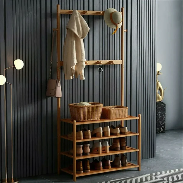 S359e6cee9e1440d0b89e0c8257bc00efh.webp 185cm Large Wooden 5 Tiers Hall Tree Hat Coat Stand with 8 Hooks Clothes Shoe Rack Hanger Hooks Shelf Storage 