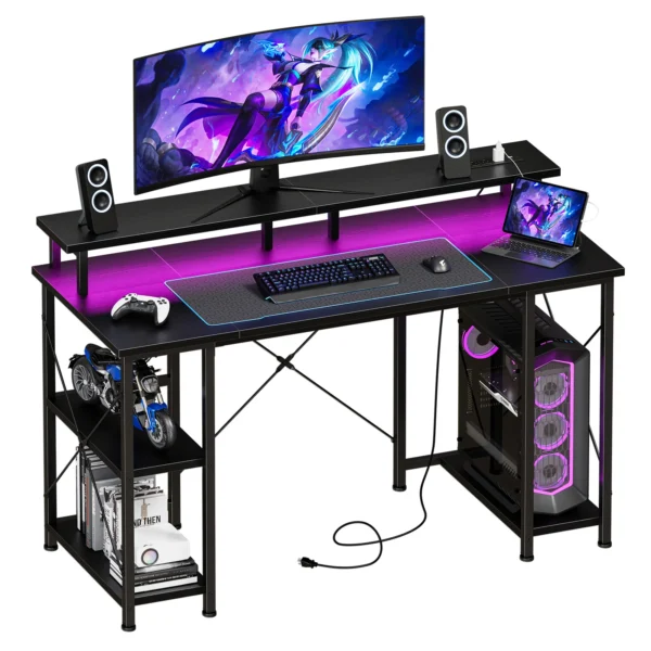 48 Inch Computer Desk with with Shelves Storage Drawers Office Wood Table with LED Lights Power Outlets