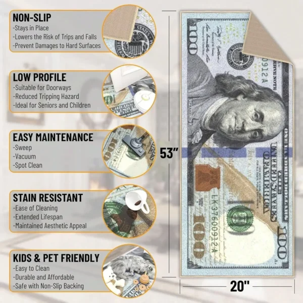 S36988364c0344695b7c90e912b748ec72.webp Money Rugs 100 Dollar Bill Runner Cool Area Rug For Living Room Kitchen Rug Laundry Runner Rug Bedroom Bathroom Mat (20" X 47")