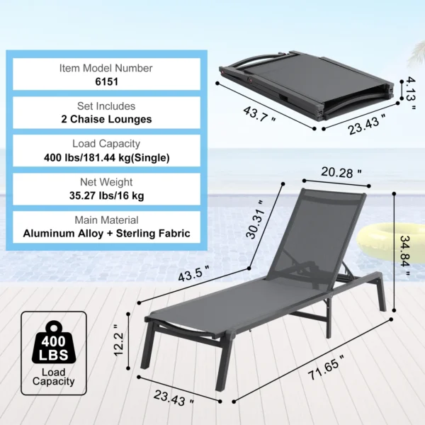 SucceBuy Chaise Lounge Chair Outdoor Aluminum Patio LoungeFolding Pool Lounge Recliner Full Flat for Patio Beach Pool