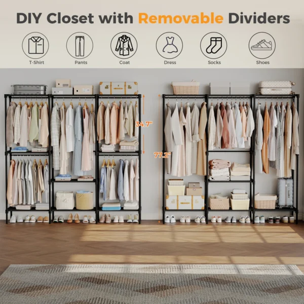 Portable Three Rows Wardrobe Closet with Hanging Rods Clothing Rack with Shelves Mudroom Storage Organizer