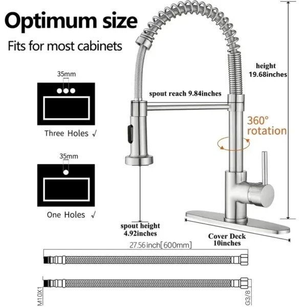 Modern Brushed Nickel Kitchen Faucet - Compact Single Handle, Pull Down Sprayer, 1/3 Holes Adaptable