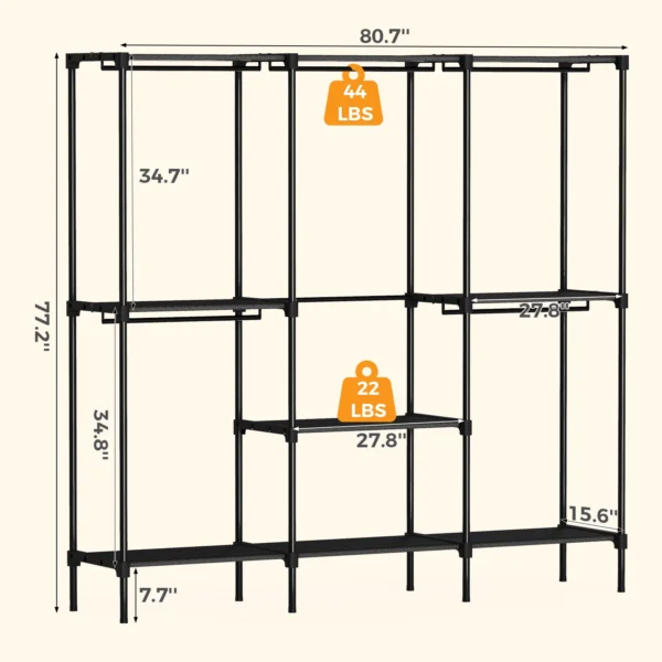 Portable Three Rows Wardrobe Closet with Hanging Rods Clothing Rack with Shelves Mudroom Storage Organizer