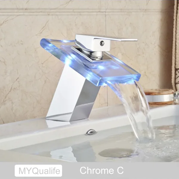 Luxury LED Color Changing Waterfall Basin Sink Faucet Single Handle Deck Mounted Hot and Cold Mixer Taps