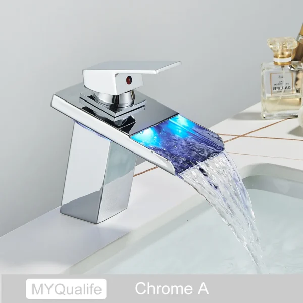 Luxury LED Color Changing Waterfall Basin Sink Faucet Single Handle Deck Mounted Hot and Cold Mixer Taps