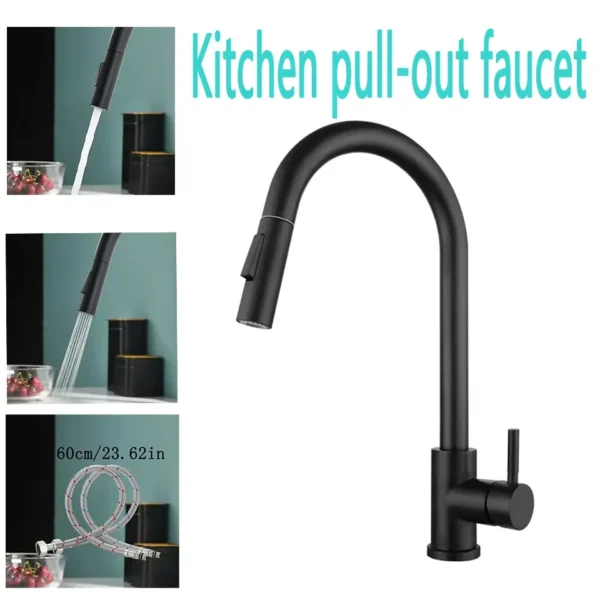 Stainless Steel Kitchen Faucet Single Hole Pull Out Spray 360° Swivel Sink Faucet High Arc Modern Design